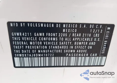 2013 Volkswagen Jetta 2.5L Se from USA, damaged, VIN 3VWDX7AJ8DM410722